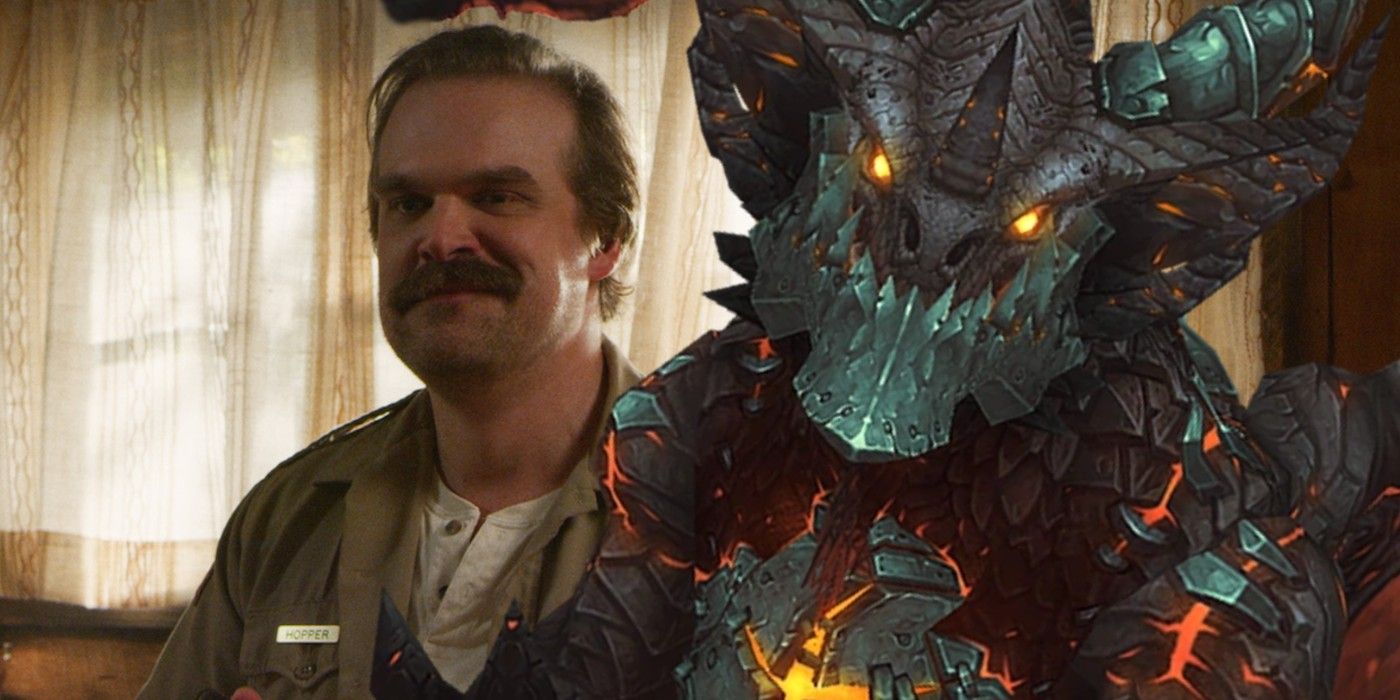 David Harbour as Jim Hopper in Stranger Things alongside the World of Warcraft dragon Deathwing