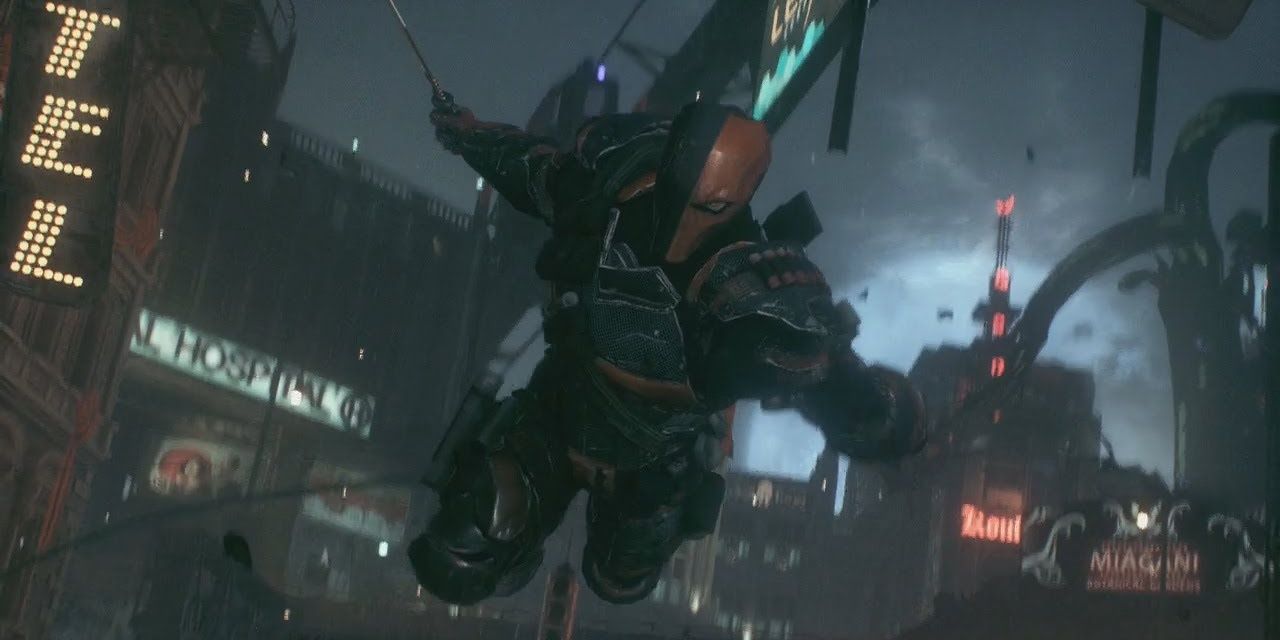 Deathstroke leaps through the air at the end of the tank fight in Arkham Knight