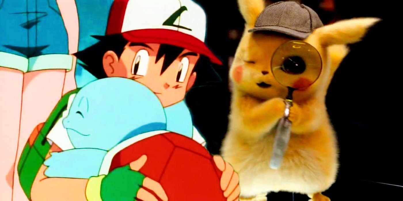 A composite image of Squirtle hugging Ash in Pokemon in front of Pikachu looking through a magnifying glass in Detective Pikachu