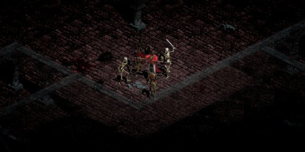 A character fights skeletons in Diablo 