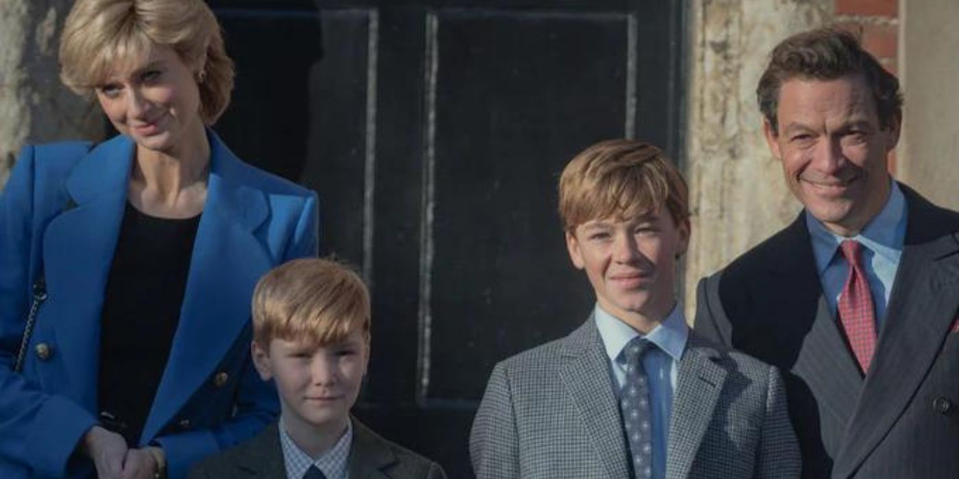 Diana, Harry, William, and Charles smiling for a photo in The Crown.