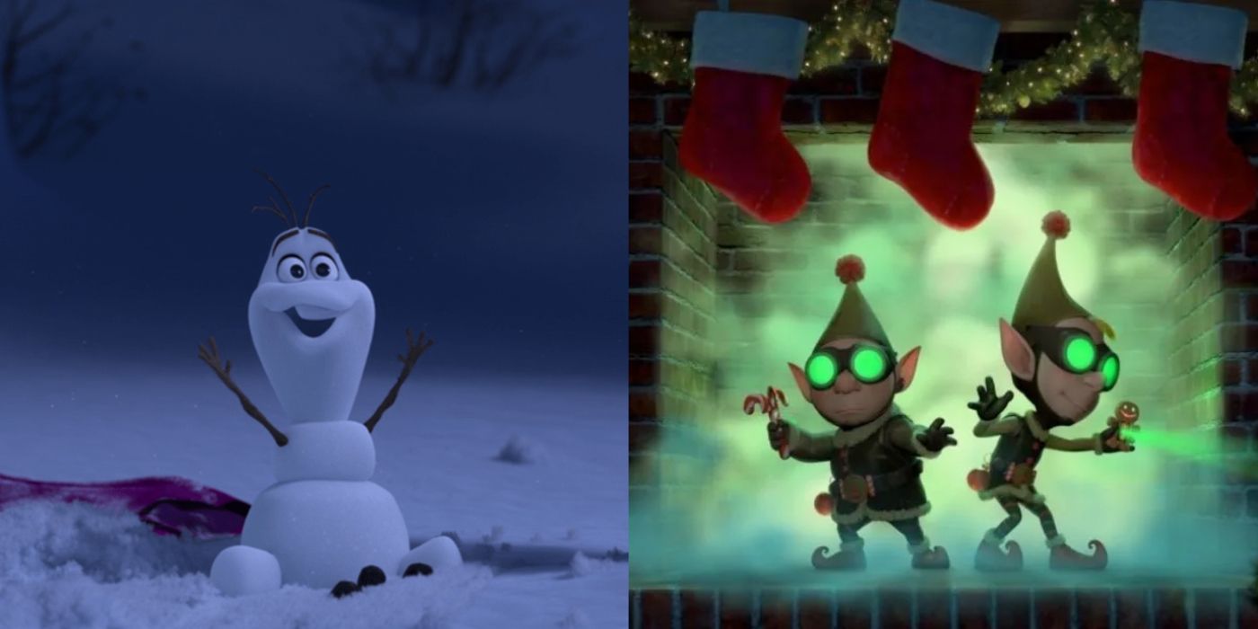Clips of Olaf sitting in the snow alongside Prep and Landing standing outside a fireplace. 