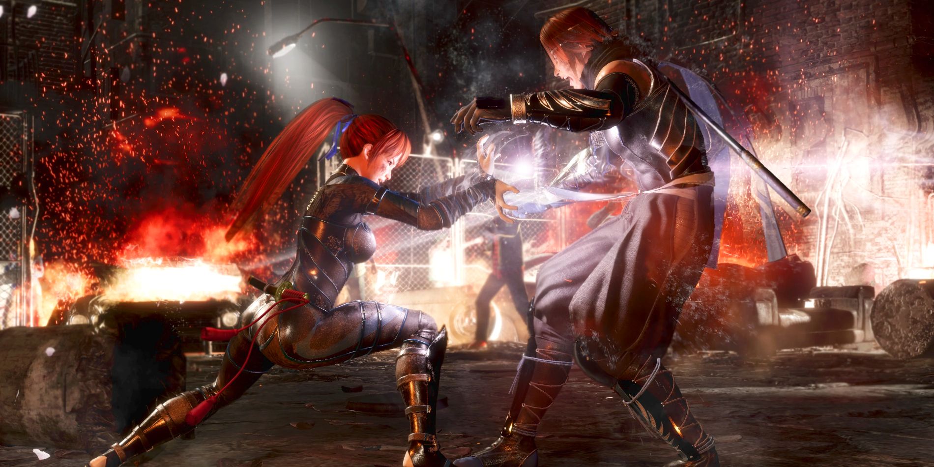 Kasumi from Dead or Alive is seen fighting an opponent in a street filled with fire and broken cement.