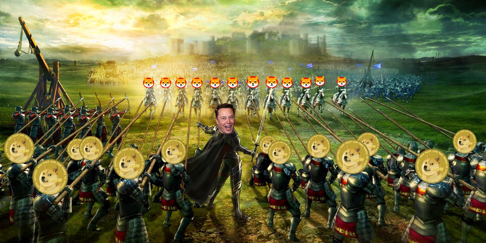 Fantasy art of two medieval armies clashing, one side with Shiba Inu logos on heads, other side with Dogecoin logos on heads with Elon Musk head on leader