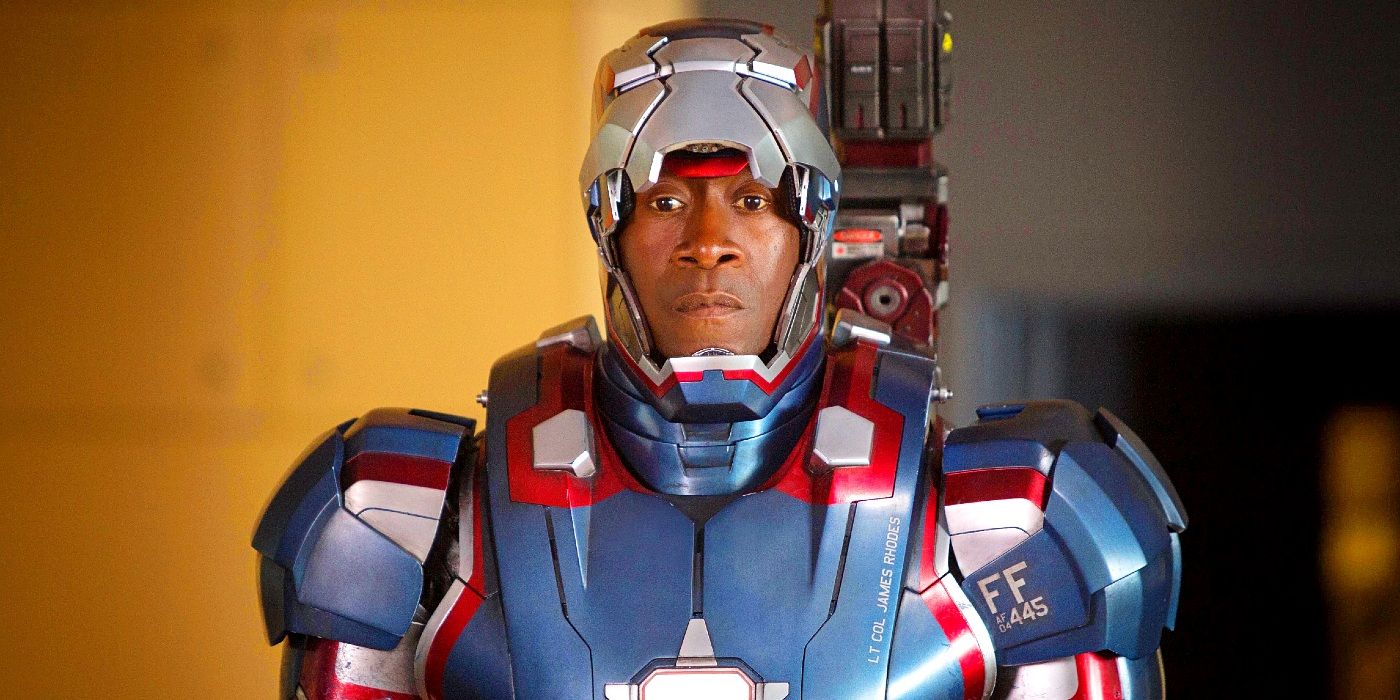Don Cheadle in the War Machine armor with is face plate up.