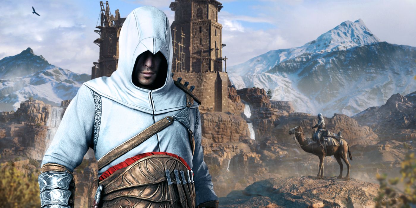 Assassin's Creed's Altaïr in front of an AC Mirage promotional image showing the legendary Alamut Castle near Baghdad.