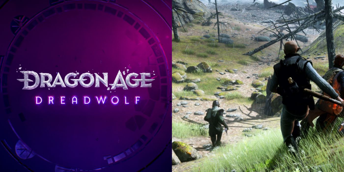 Split image of Dragon Age: Dreadwolf's logo and the Inquisition open world.