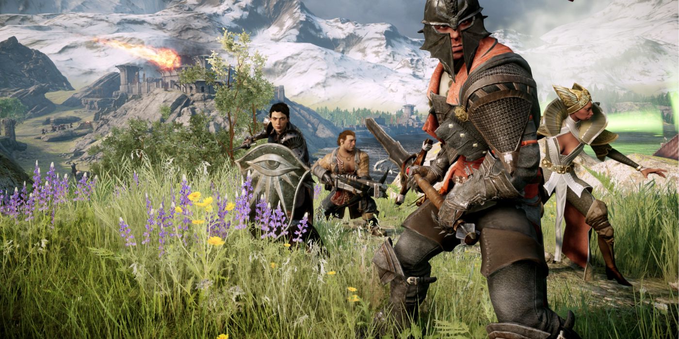 An image of The Inquisitor and his followers with their weapons drawn in Dragon Age: Inquisition.