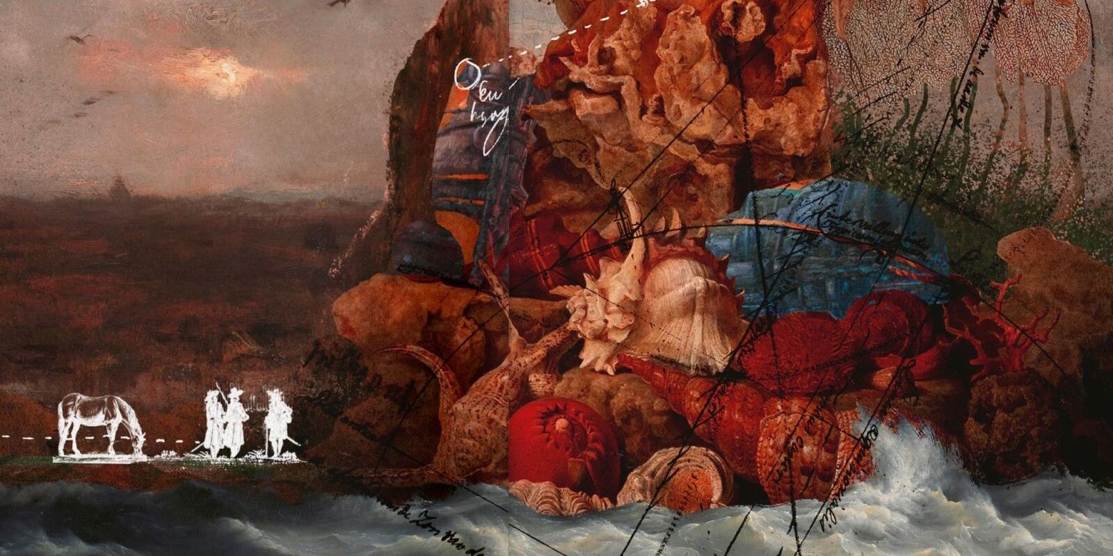 Arte para um jogo de mesa chamado Into the Odd, mostrando uma ilha que parece ser feita de fungos gigantes brotando das ondas do oceano, sobreposta com anotações que podem ser vistas em um mapa onde um curso foi traçado.