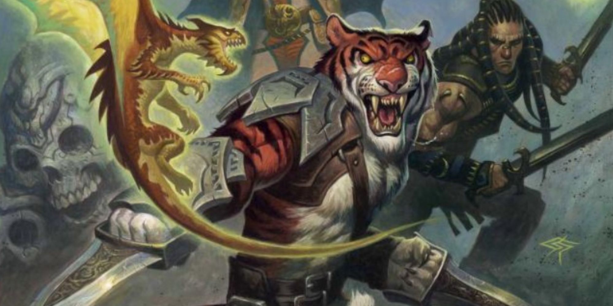 An adventuring party with a tiger man monk in Dungeons & Dragons