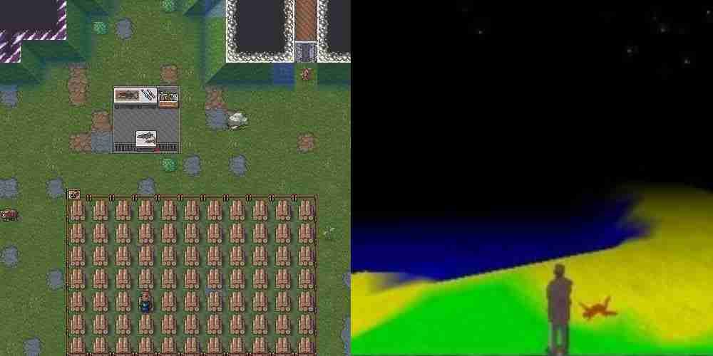 Jogabilidade 2D de Dward Fortress ao lado de jogabilidade 3D de Armok.