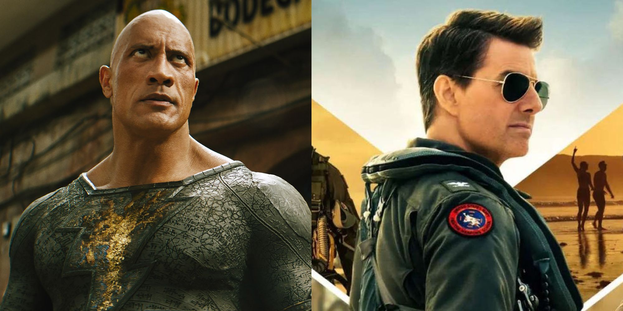 Split image showing Dwayne Johnson in Black Adam and Tom Cruise in Top Gun Maverick