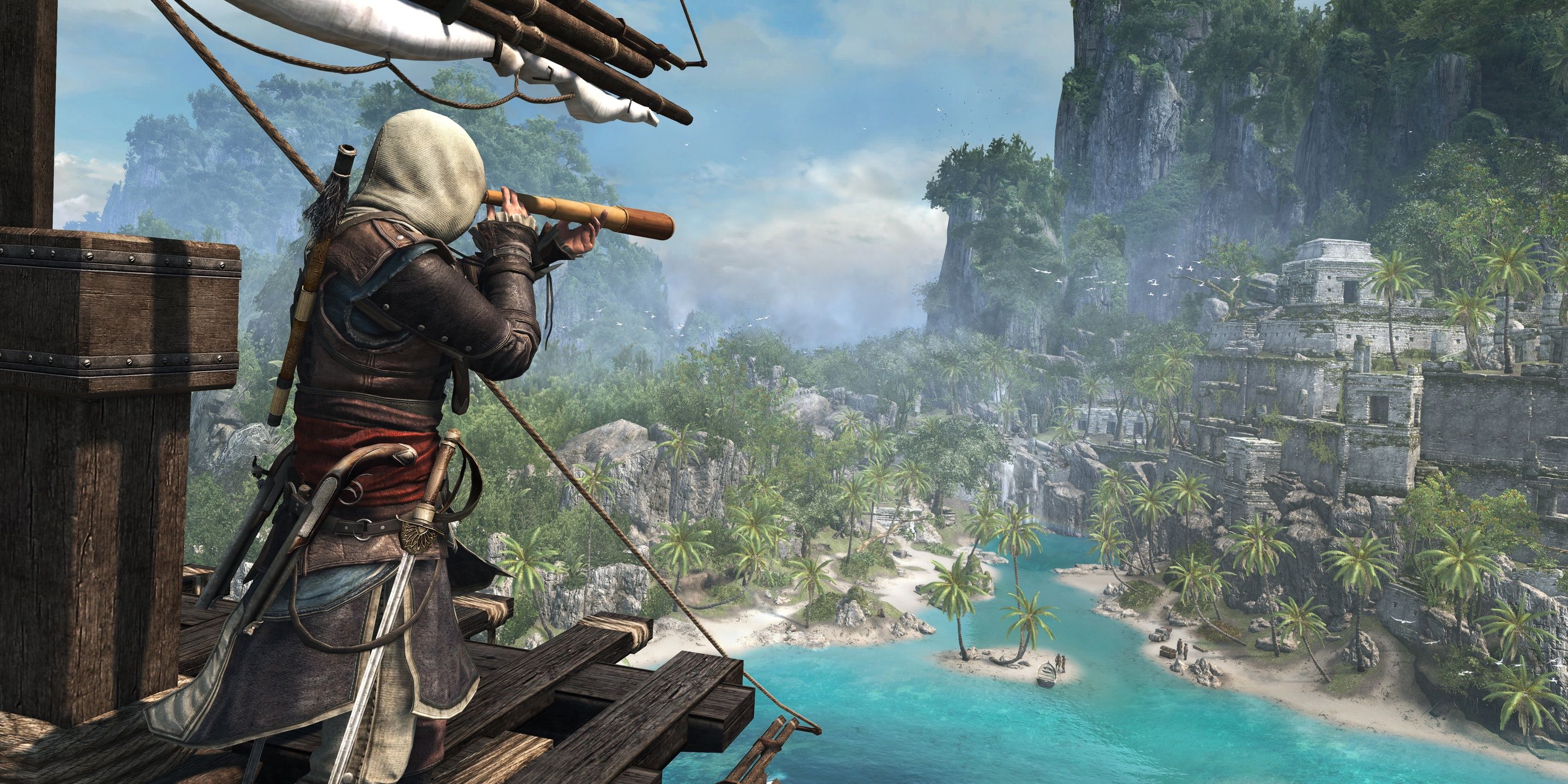 Edward Kenway olhando através de um espelho para uma ilha de seu navio no mar em Assassin's Creed IV Black Flag.