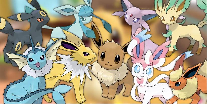 Eevee, Umbreon, Glaceon, Espeon, Leafeon, Vaporeon, Jolteon, Sylveon, and Flareon from Pokémon.