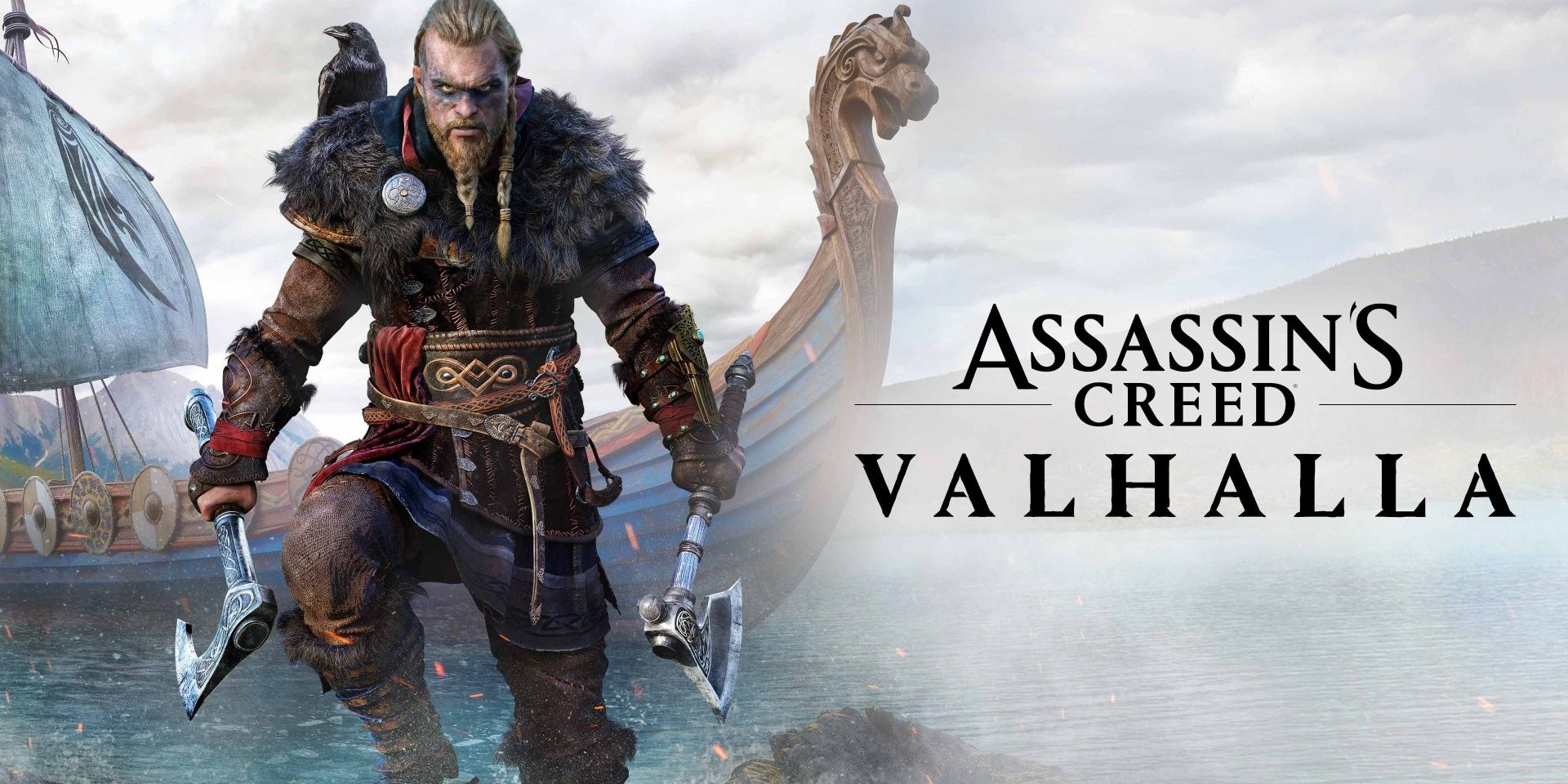 Eivor dari Assassin's Creed Valhalla berdiri mengancam dengan dua kapak di tangannya
