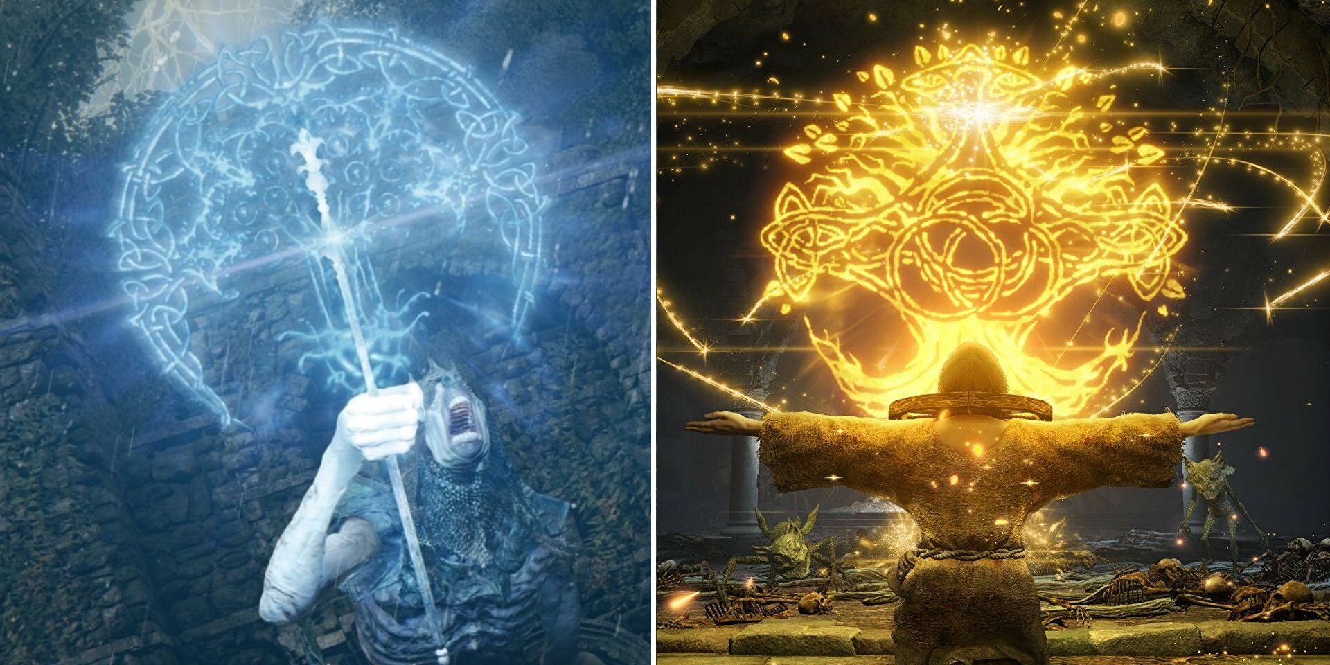 A split image showing two different types of magic in Elden Ring, the blue Glintstone Sorcery on the left, and the golden lights of Incantations on the right.