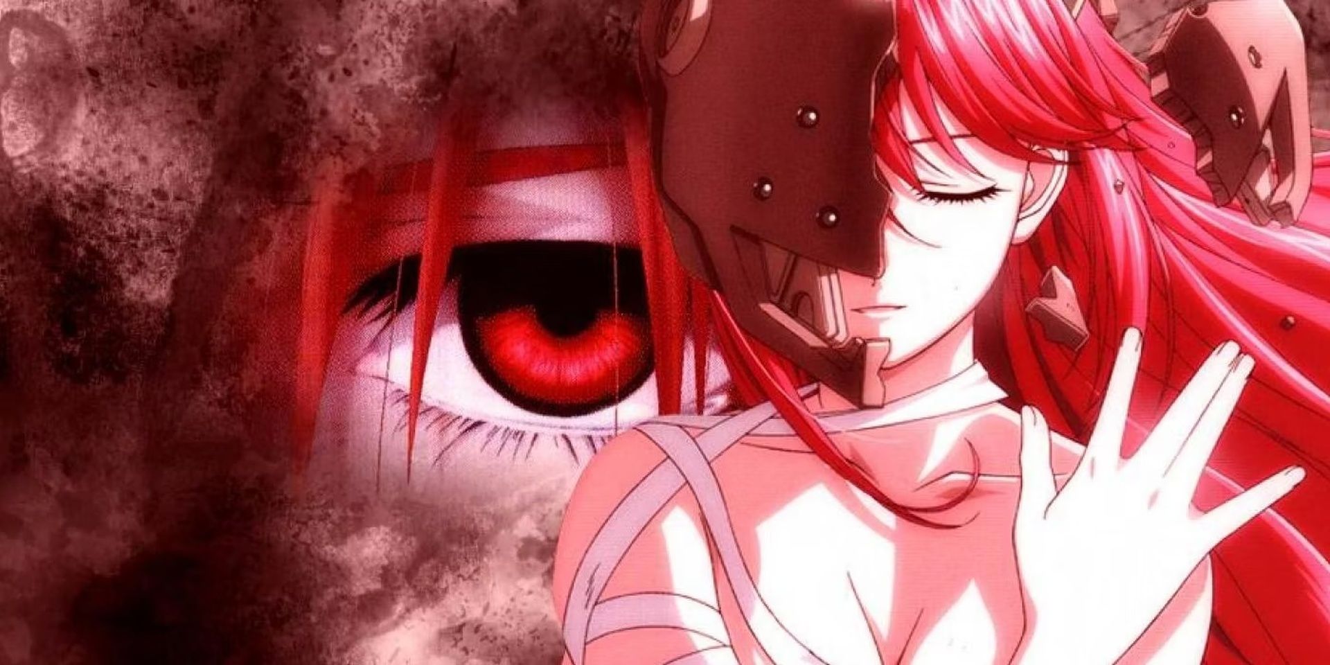 Uma imagem de Lucy de Elfen Lied sendo libertada de suas restrições antes de decretar seu plano para eliminar a humanidade.