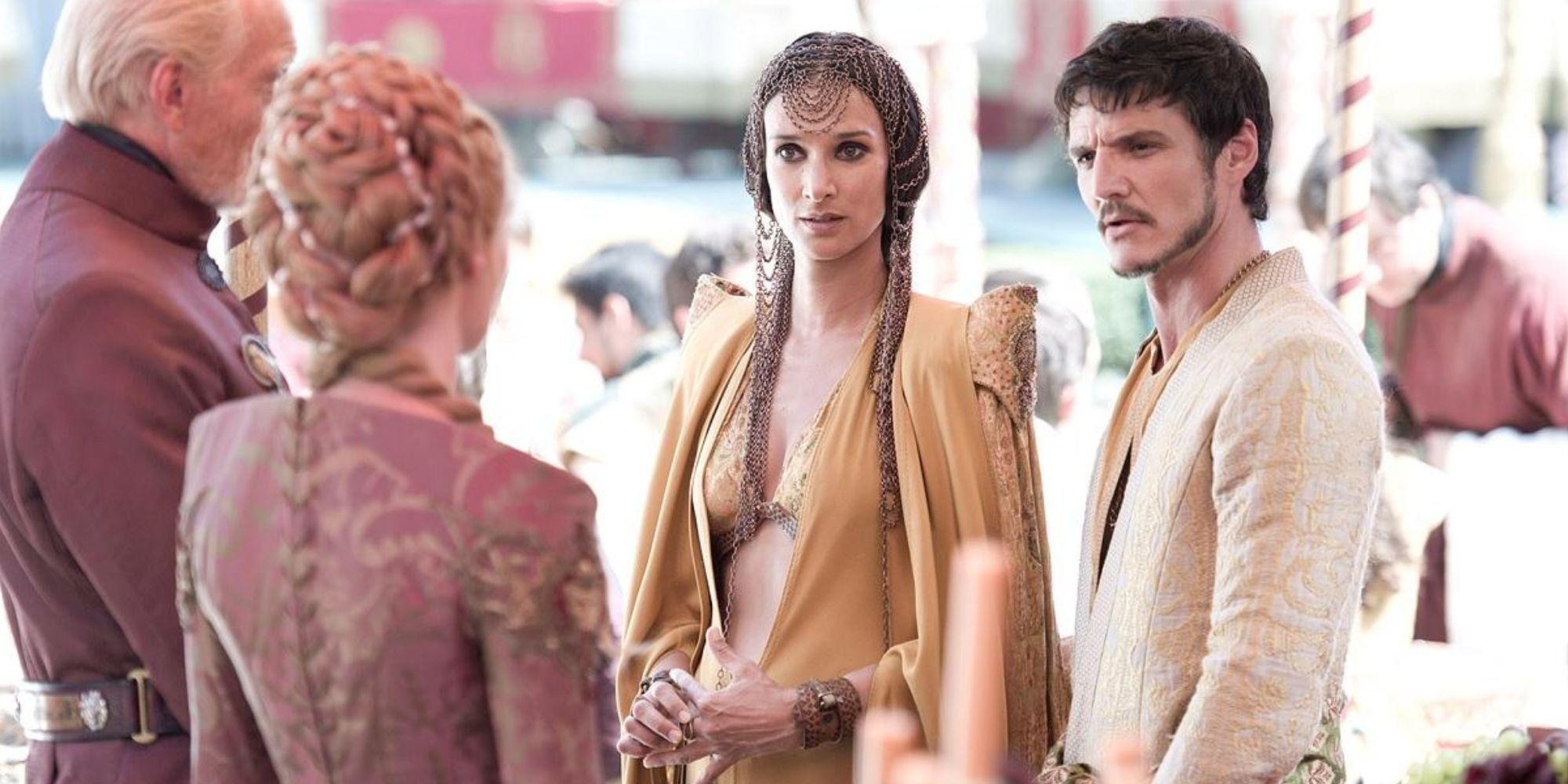 Elia and Oberyn speak with Cersei and Tywin in Game of Thrones
