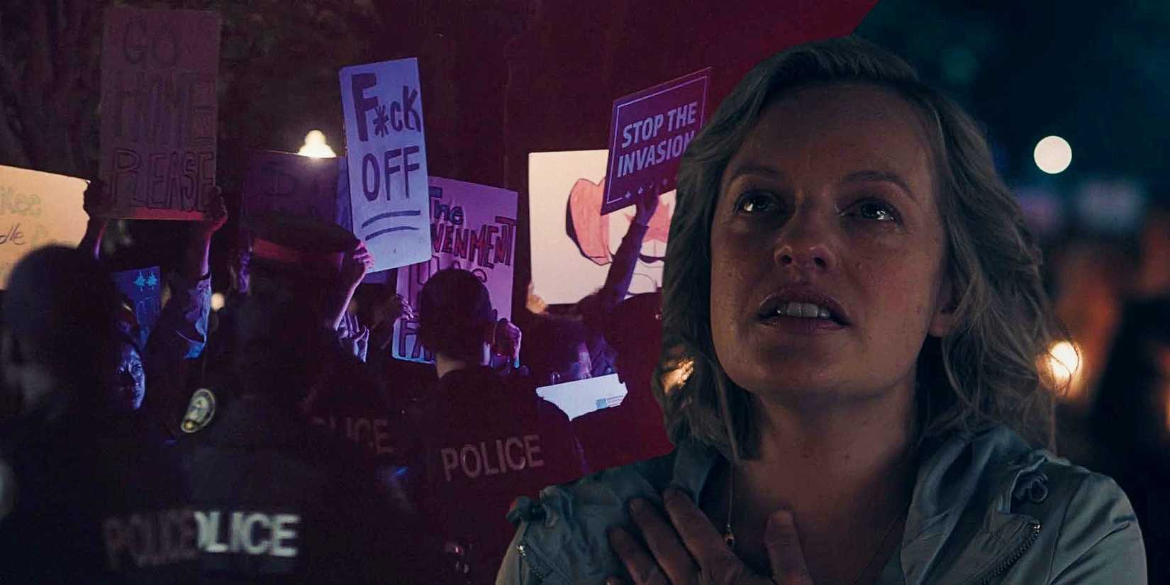 Blended image of protestors and June (Elisabeth Moss) in The Handmaid's Tale.