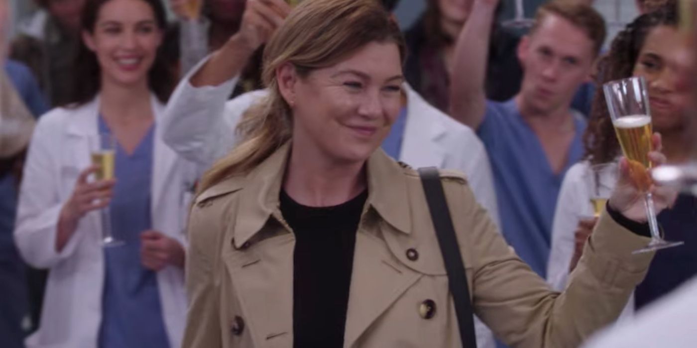 Ellen Pompeo as Meredith Grey raising a glass in Grey's Anatomy 