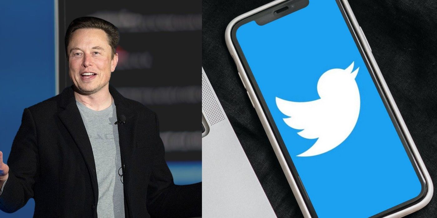 Split image of Elon Musk and a phone with the Twitter logo on it