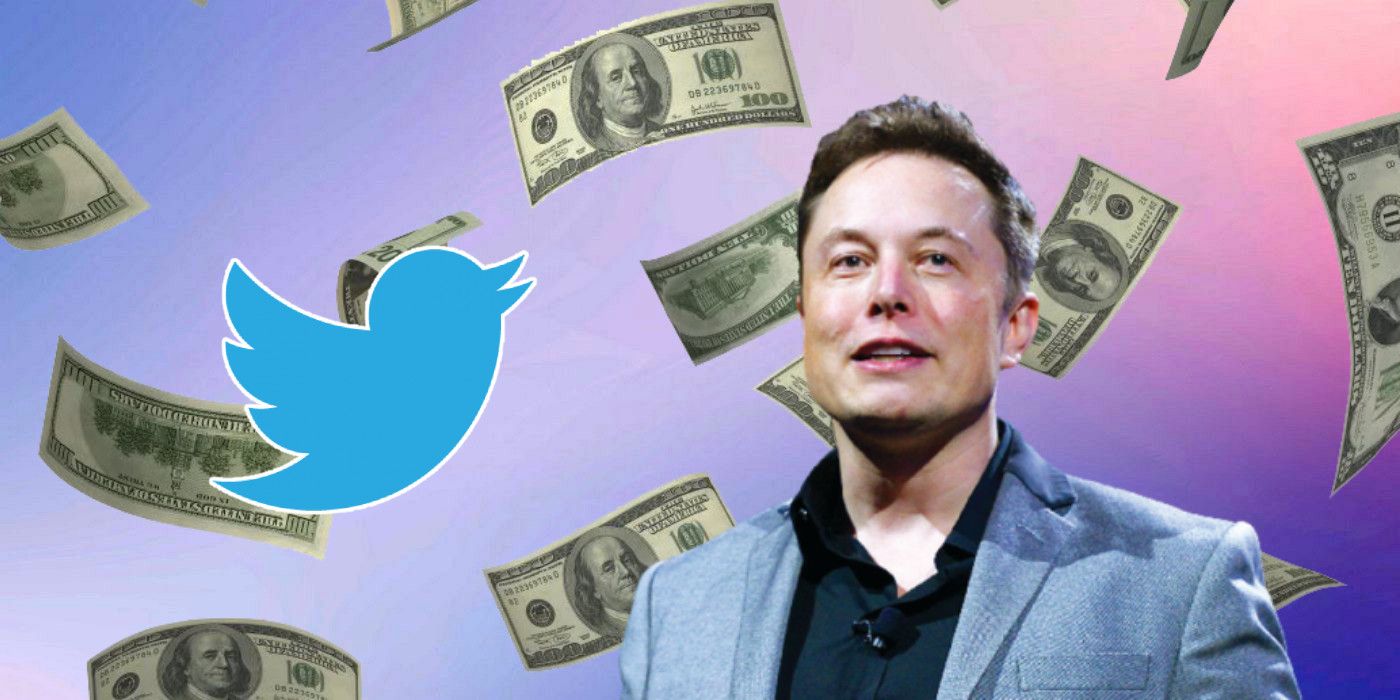 Elon Musk with Twitter logo and dollar bills flying in the background