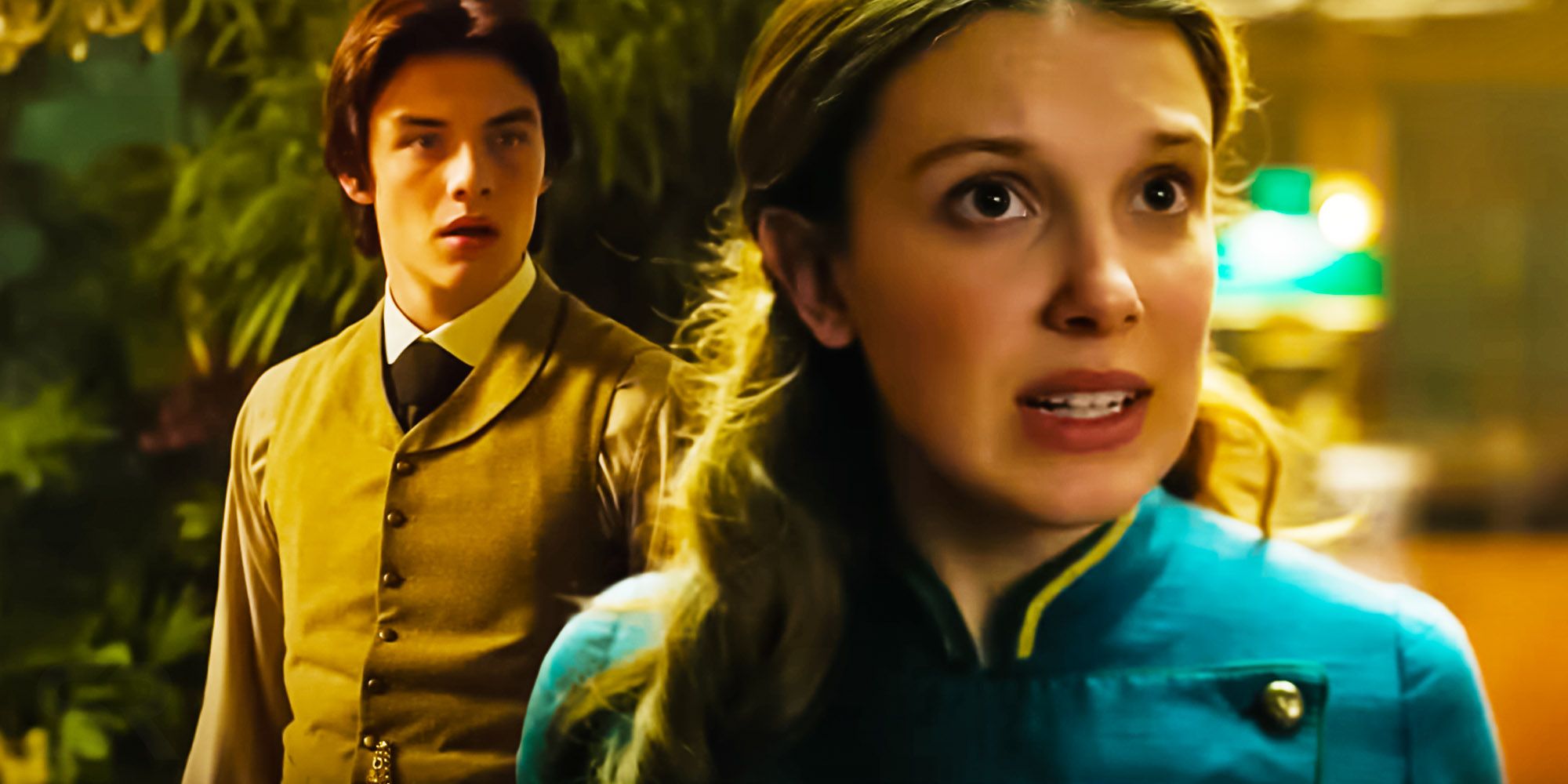 A collage of Enola Holmes and Tewkesbury (Millie Bobby brown and Louis Partridge, respectively) in Enola Holmes 2