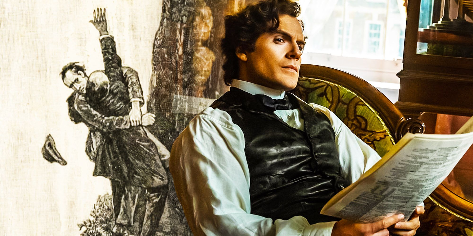 An image of Sherlock Holmes sketch from Doyle's novels alongside an image of Henry Cavill as Sherlock in Enola Holmes. 