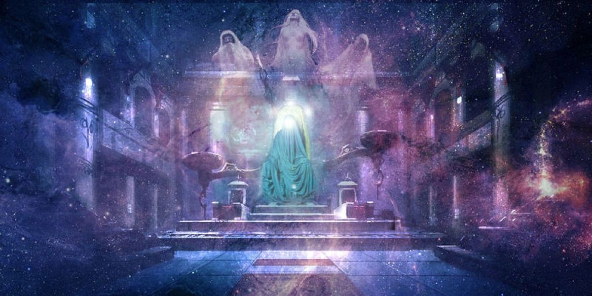 Eru Iluvatar from lord of the rings sitting in a cosmic temple