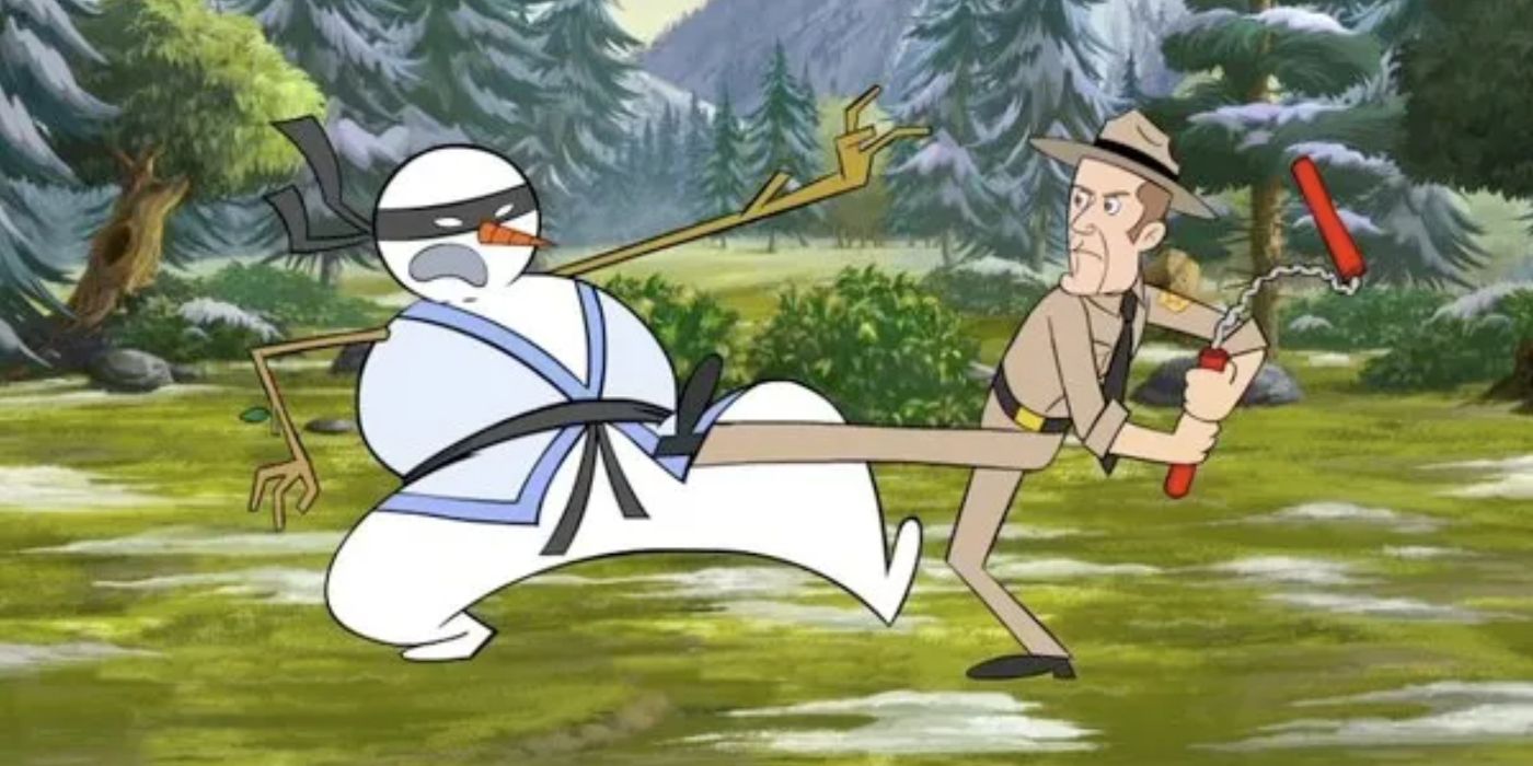 Sheriff Jack Carter fighting a ninja snowman in the Eureka Christmas special. 