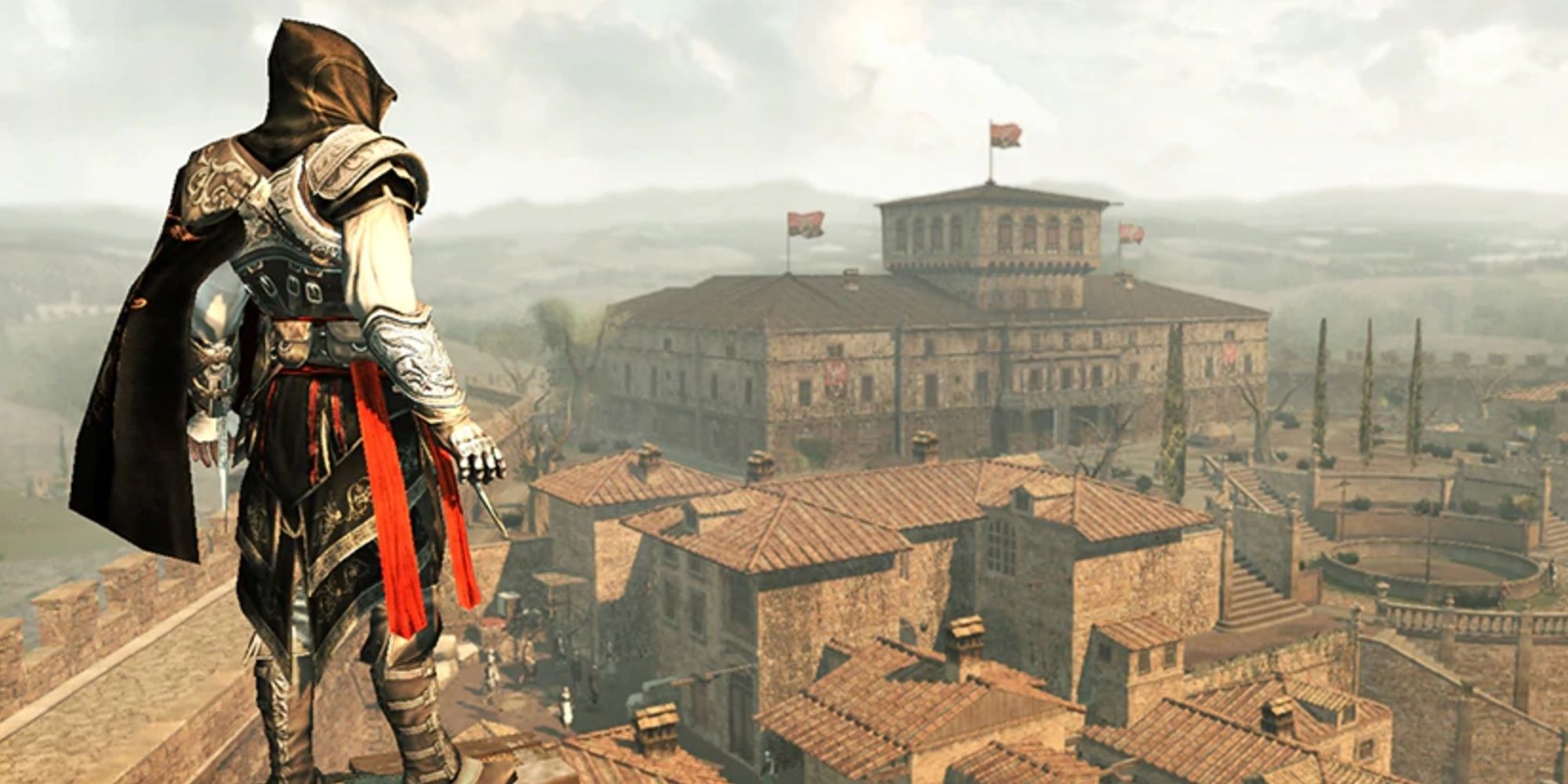 Ezio parado em um telhado em Assassin's Creed II 