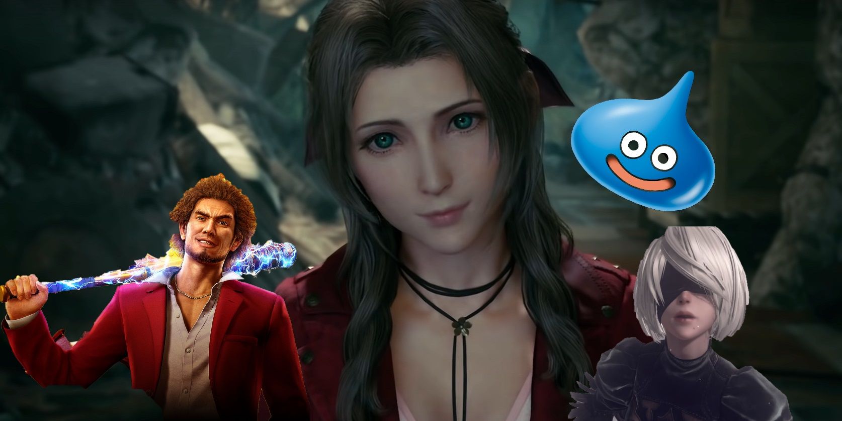 FF7 Aerith With Dragon Quest Slime 2B And Kiryu