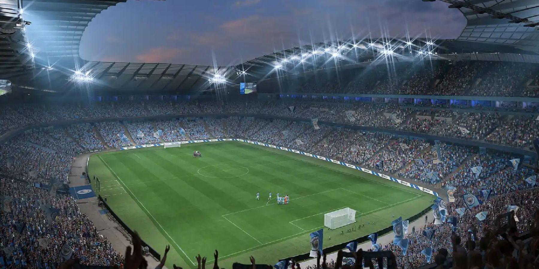 Olhando para o campo de uma seção mais alta em um estádio FIFA 23.