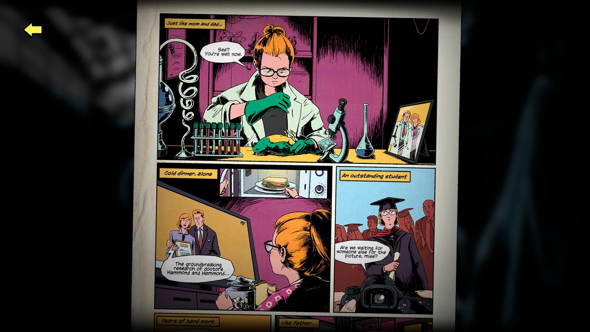 Painéis de quadrinhos fabulosos da Máquina do Medo mostrando Jen fazendo trabalho científico e sendo ignorada por seus pais.