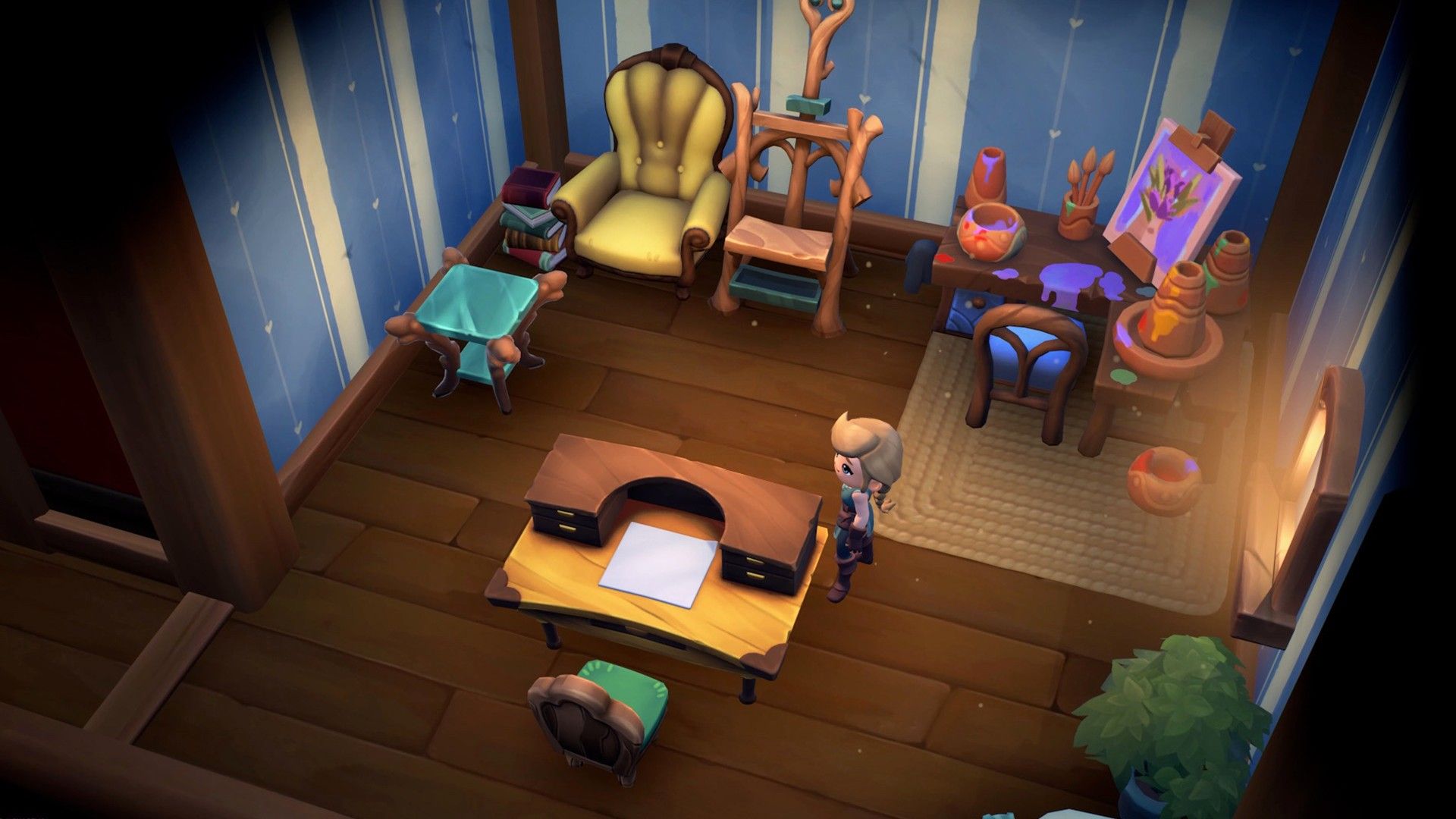 Fae Farm home interior showing a character next to a desk, an artist's painting area, and chairs.