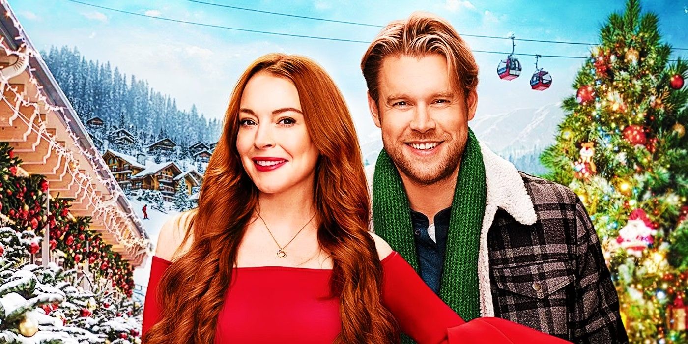 Lindsay Lohan and Chord Overstreet pose for a promo image from Falling for Christmas