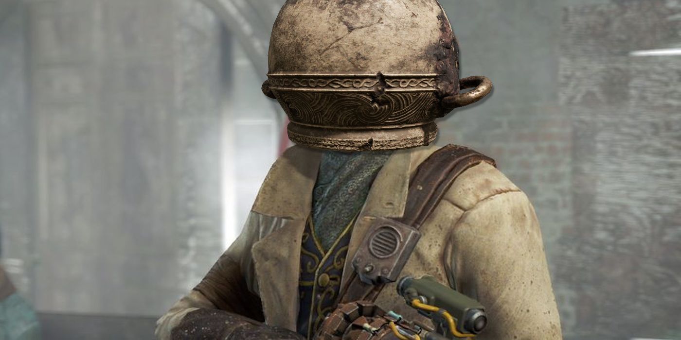 Preston Garvey from Fallout 4 wearing an Elden Ring jar hat, made famous by Let Me Solo Her