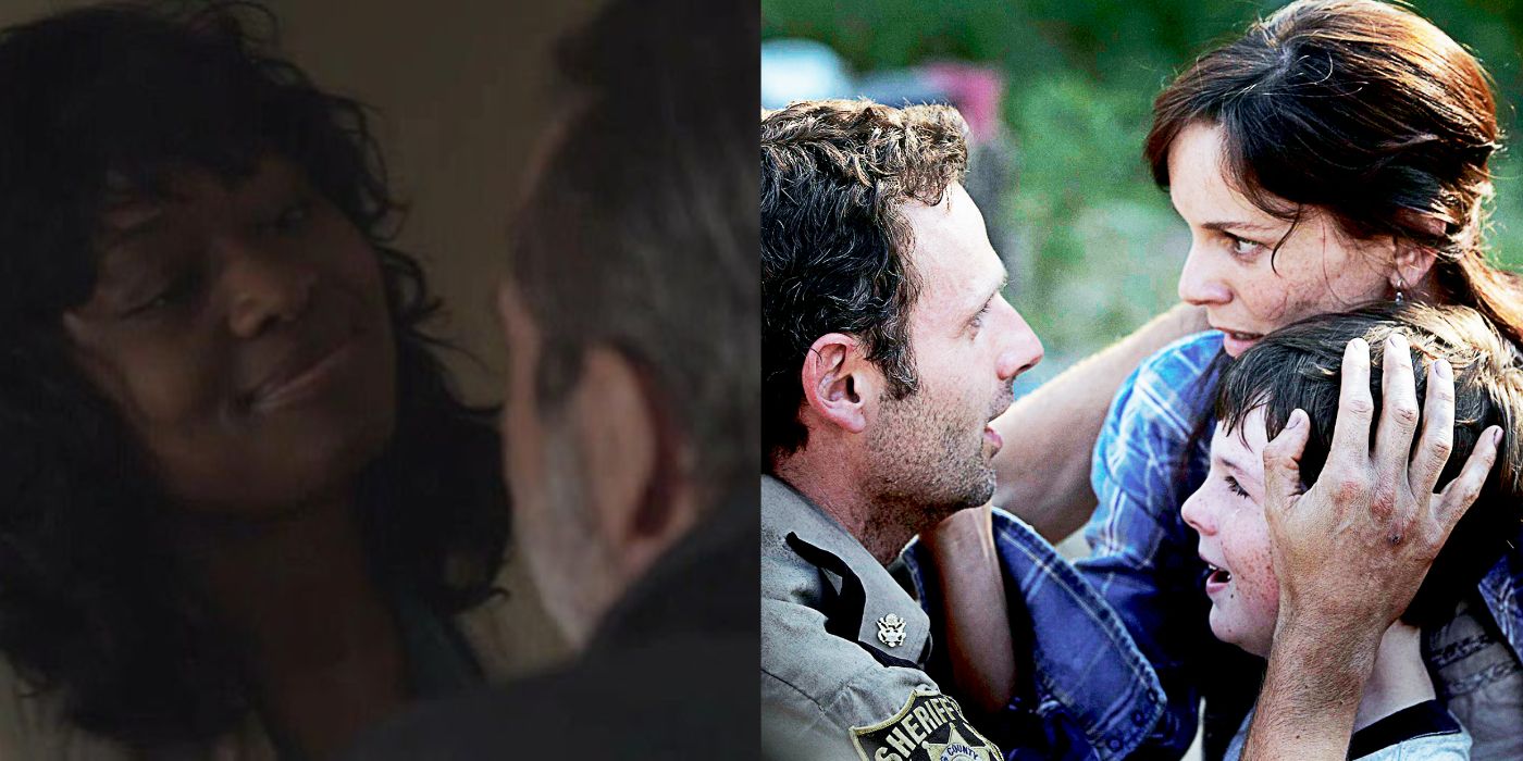 Annie tersenyum ke arah Negan di samping gambar Rick yang memeluk Lori dan Carl di The Walking Dead. 