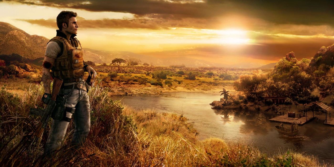 O Mercenário, protagonista de Far Cry 2, contempla uma paisagem africana.