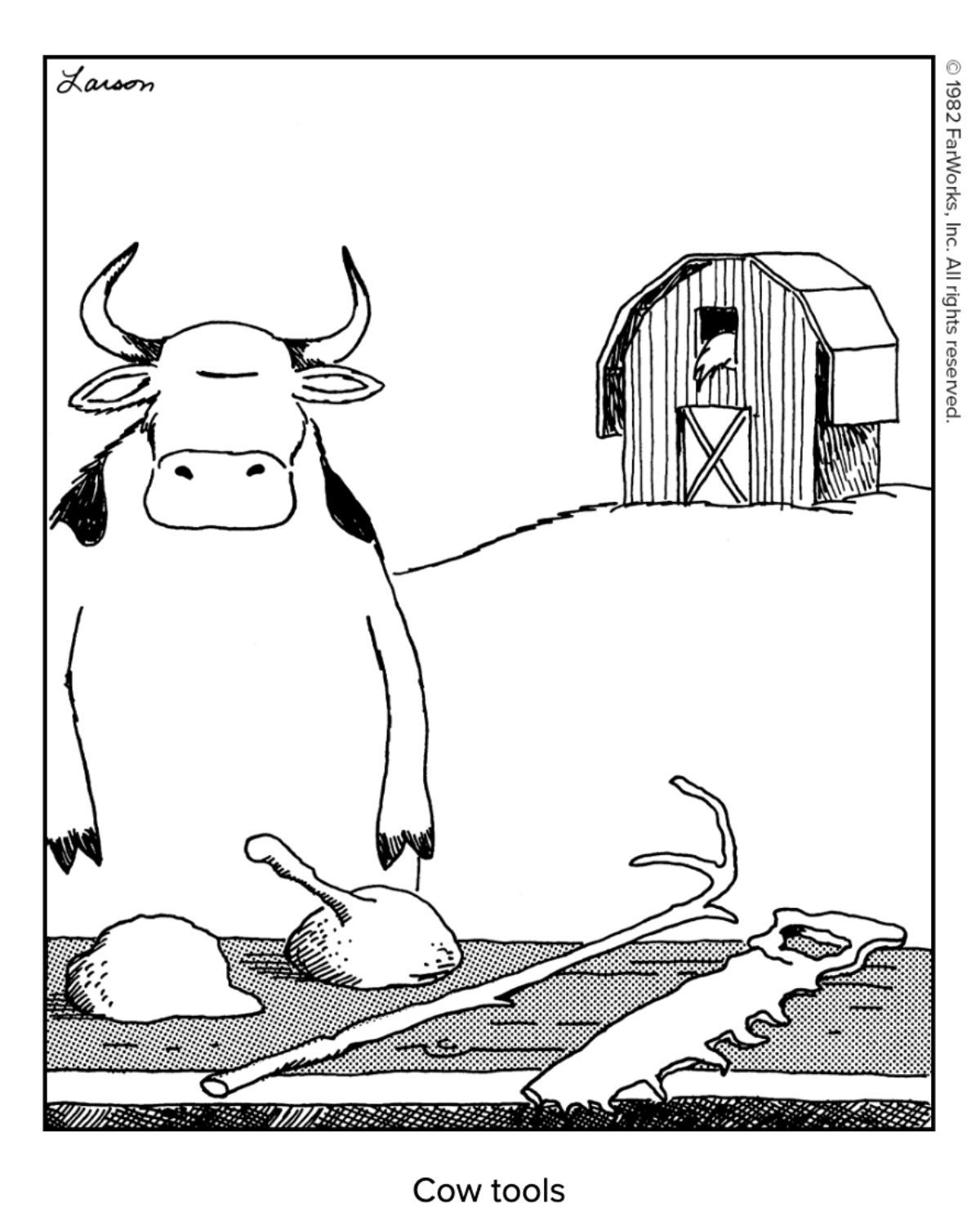 Uma vaca examina suas ferramentas inúteis do Far Side Comic 