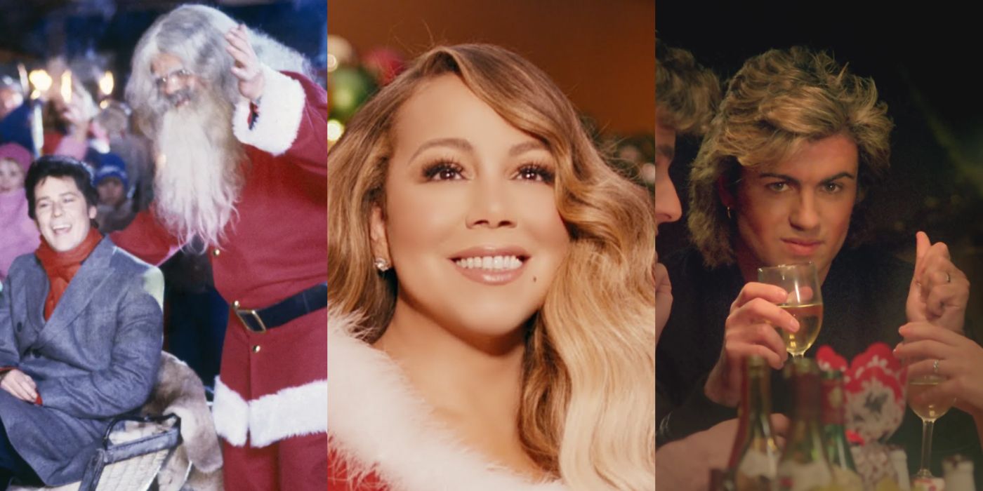 A split image of popular Christmas music videos.