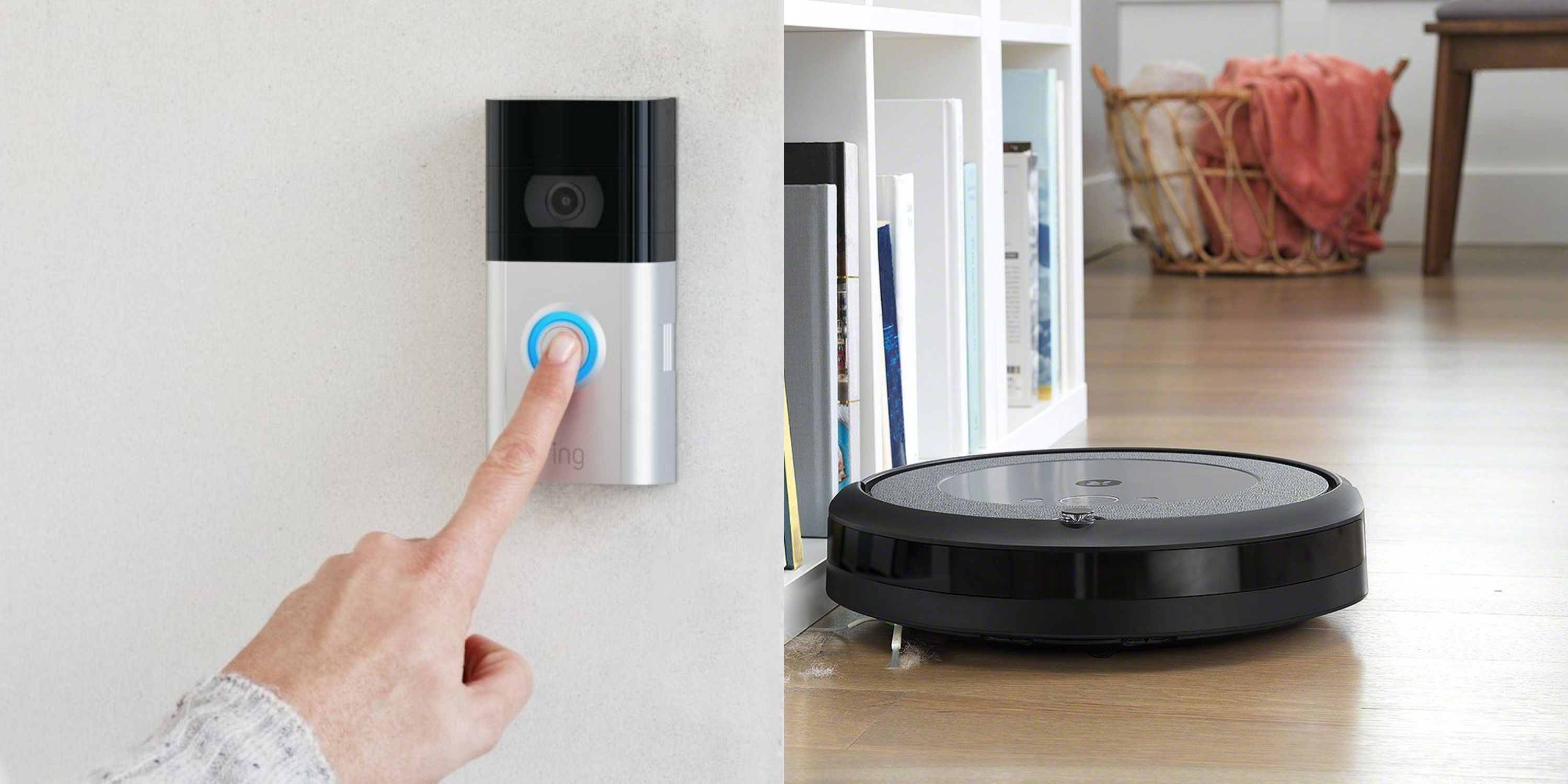 Featured image a finger pressing a Ring Smart doorbell and a roomba vacuuming a floor