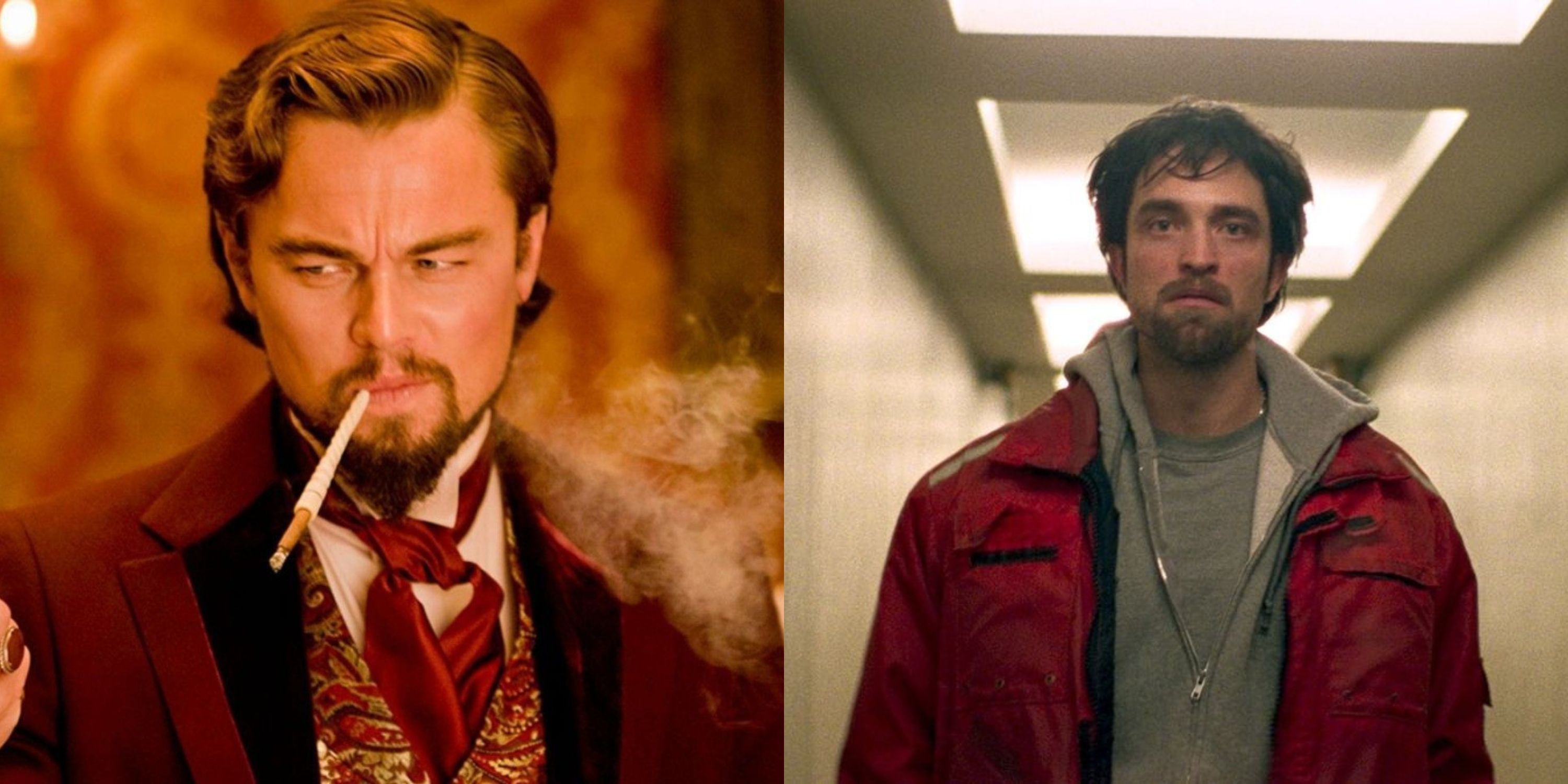 Featured image split Leonardo DiCaprio as Calvin Candie in Django Unchained and Robert Pattinson in Good Time