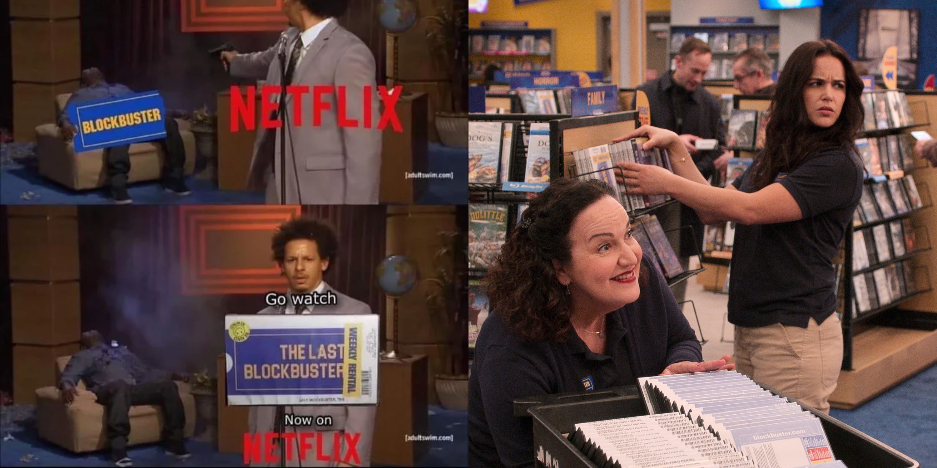 Featured image split a Blockbuster meme in the Eric Andre shooting Hannibal Buress format and a scene from Blockbuster