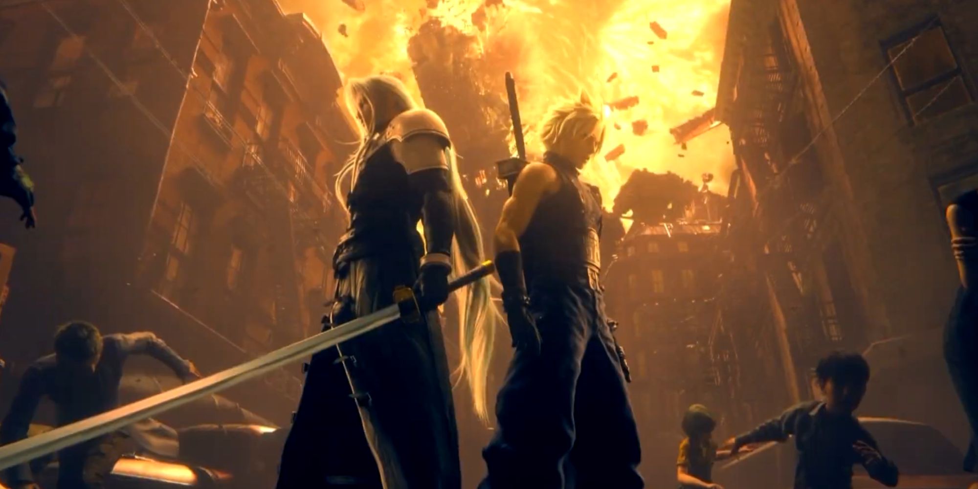 Cloud and Sephiroth standing back to back in FF7 Remake as a Meteor hits the ground.