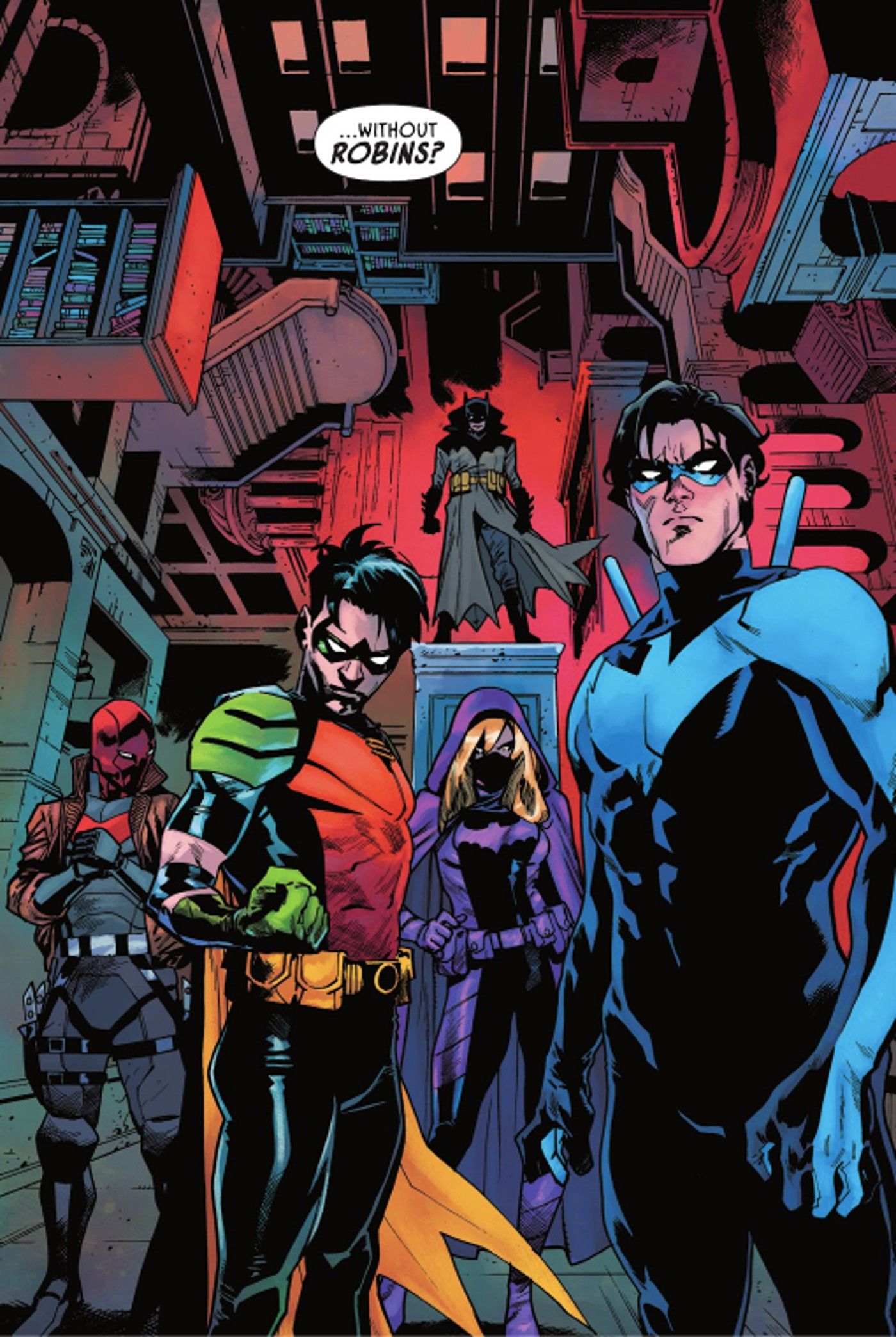 Cinco Evil Robins se reúnem ameaçadoramente, Damian Wayne, Robin, Capuz Vermelho, Batgirl, Asa Noturna