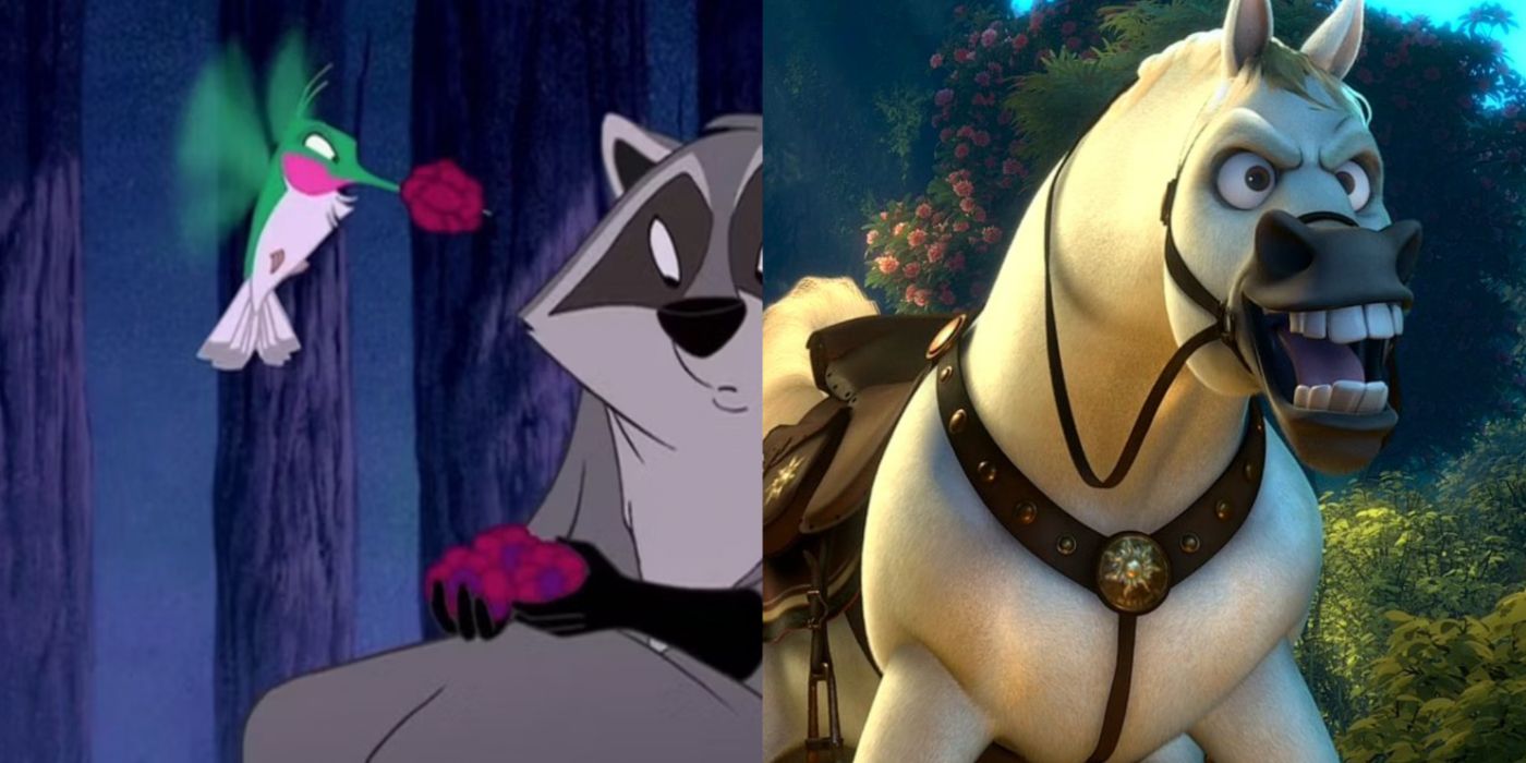 A split image features Flit in Pocahontas and Maximus in Tangled