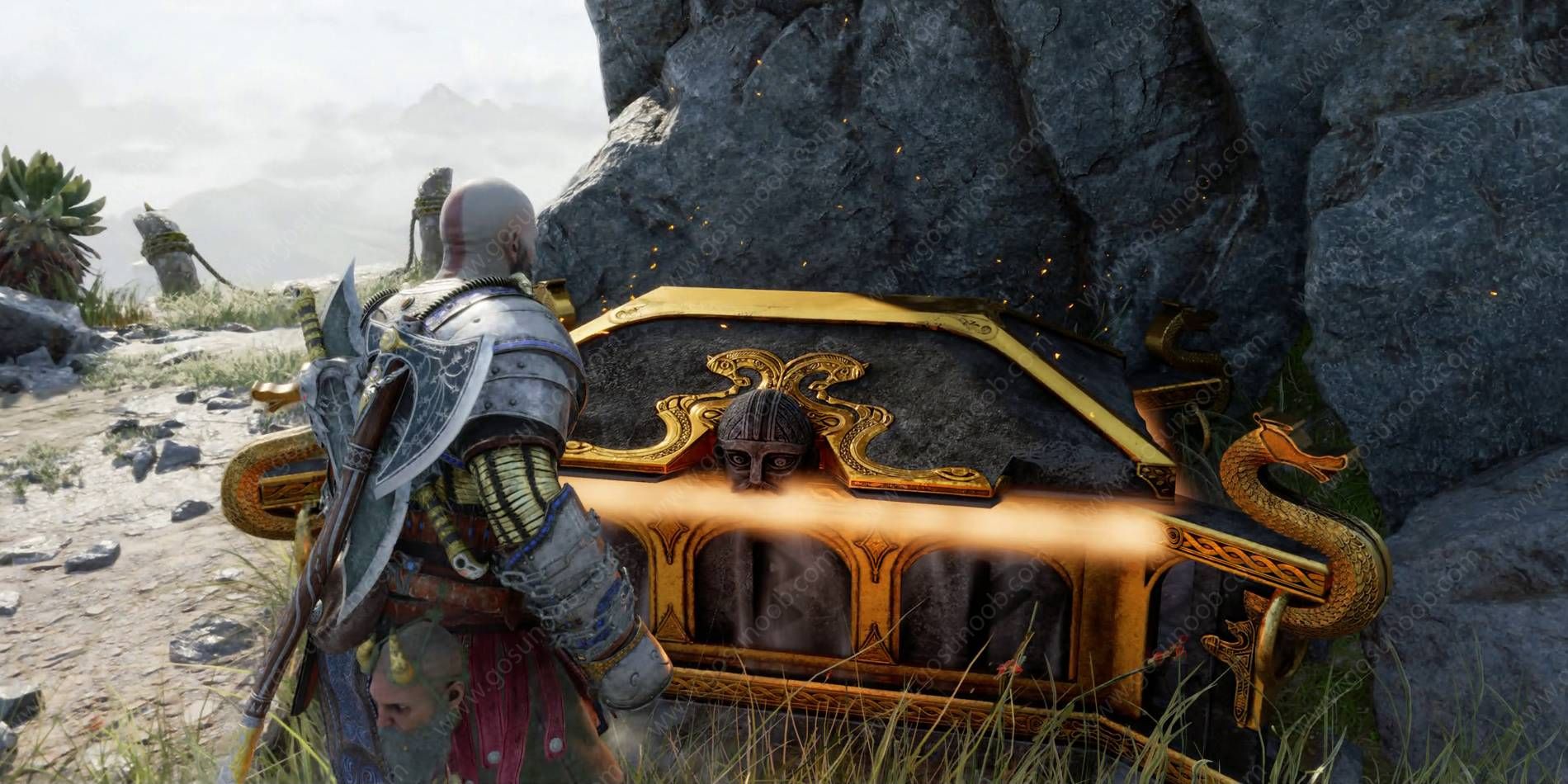 God of War Ragnarok Nornir Chest Svartalfheim Located Near the Forge Location Unlocked Through Solved Puzzle Player Perspective Screenshot