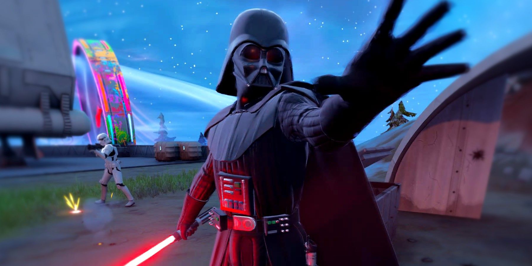 Darth Vader force pulling someone in Fortnite, with a Stormtrooper in the background.