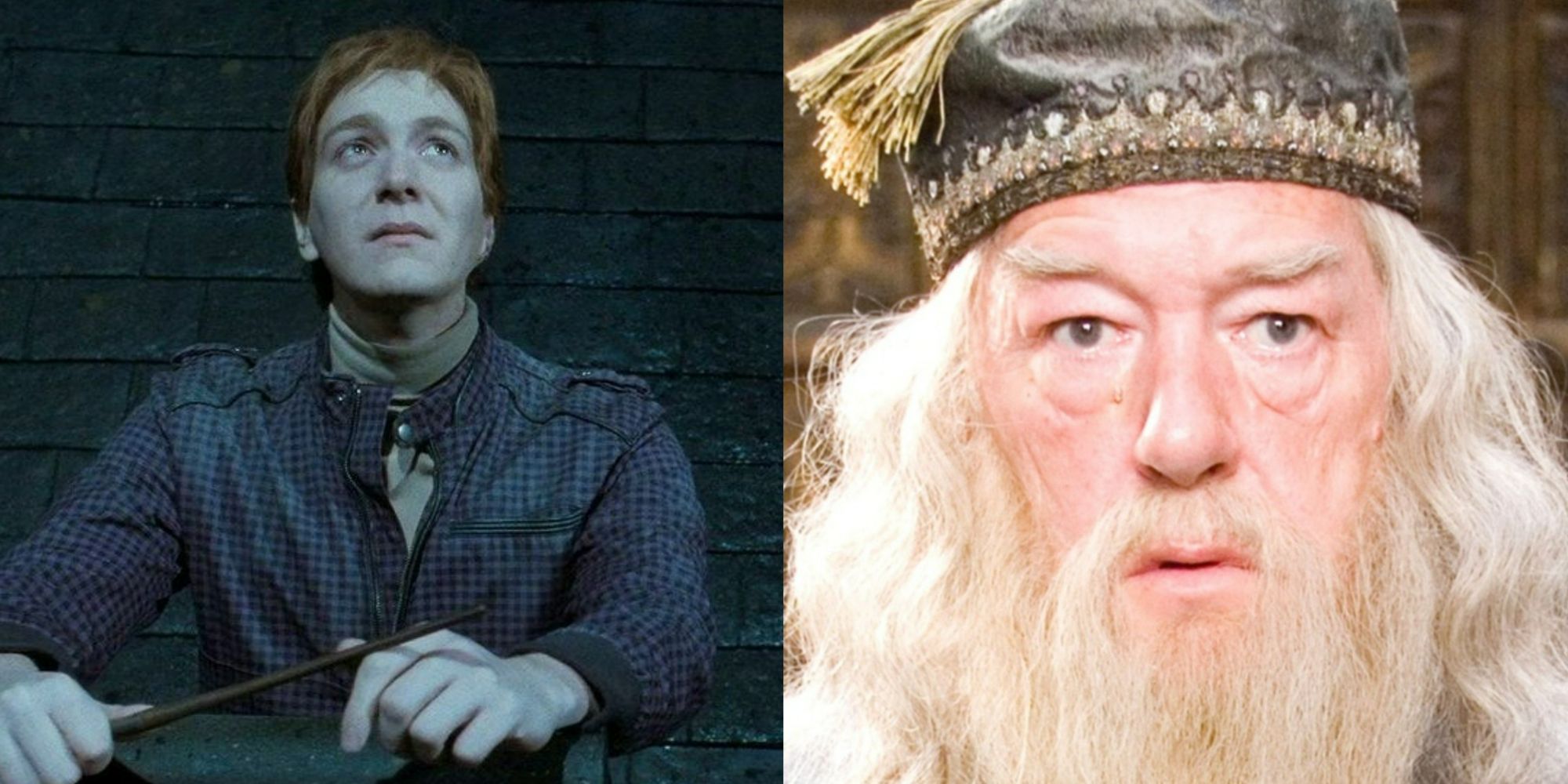 A split image showing Fred Weasley on the left and Dumbledore on the right from Harry Potter. 